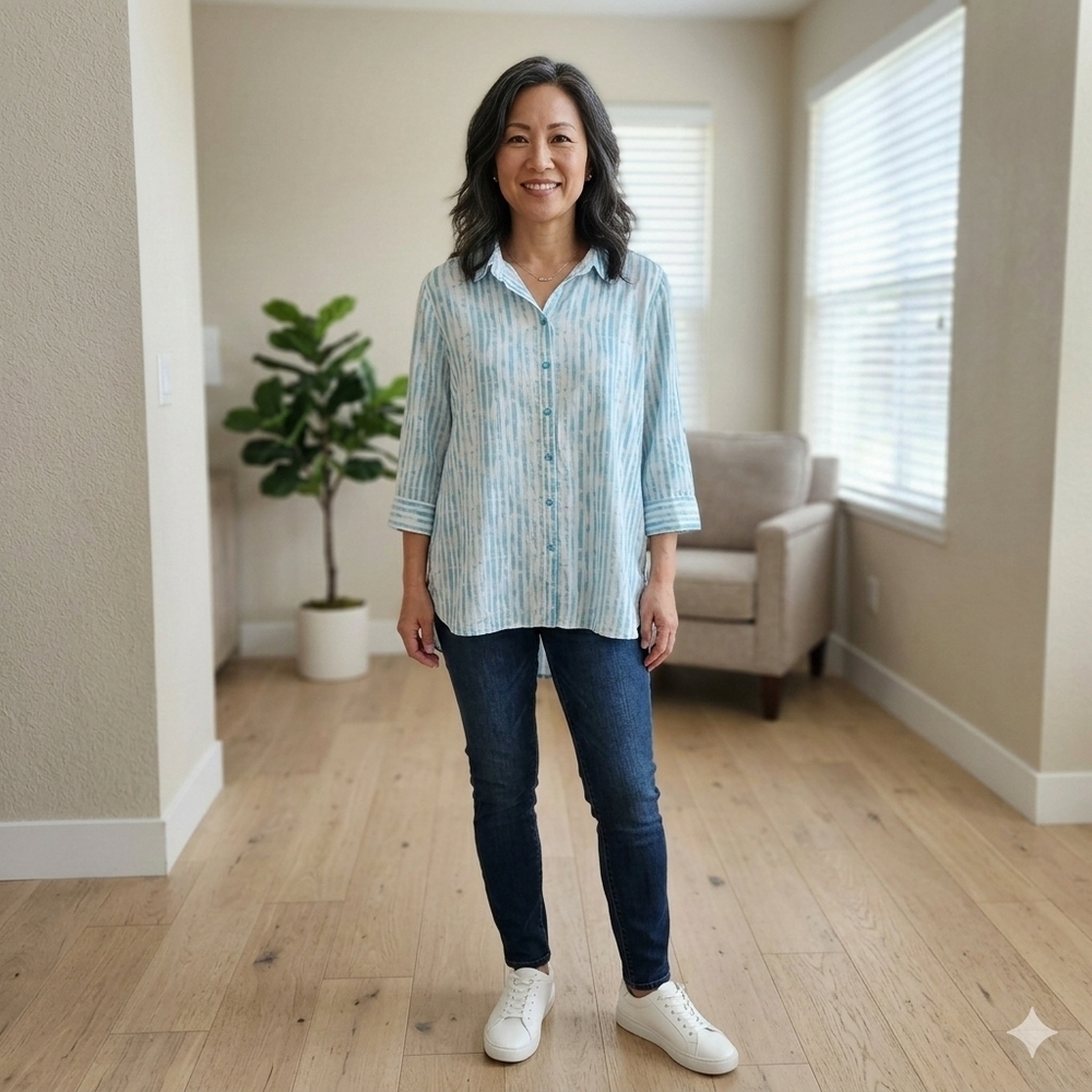FDJ Women's Casual Lightweight Blue Striped Button Down Shirt